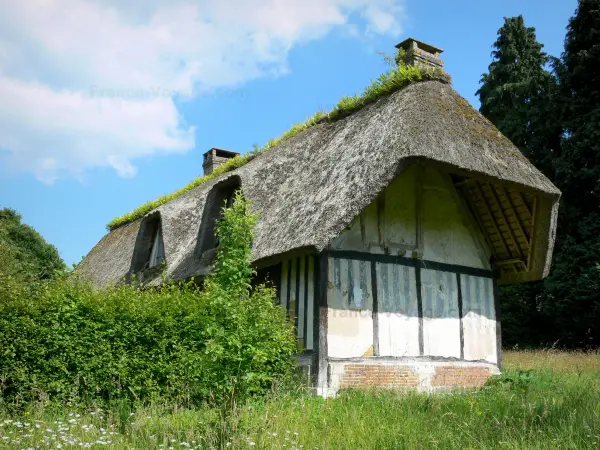 Route des Chaumières - Maison à colombages au toit de chaume ; à Vieux-Port, dans le Parc Naturel Régional des Boucles de la Seine Normande