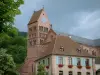 La route des Vins d'Alsace - Gueberschwihr: Maison ornée de géraniums (fleurs), arbres et église du village