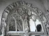 Rue - Inside of the Saint-Esprit chapel of Flamboyant Gothic style: statuary (statues, sculptures) and hanging carved keystones in background