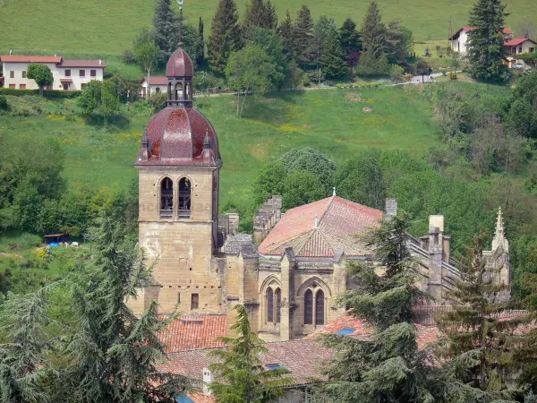 Saint-Antoine-l'Abbaye - Clocher de l'église abbatiale gothique Saint-Antoine, arbres et prairies