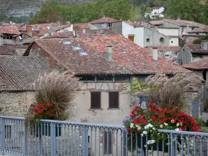 Saint-Antonin-Noble-Val - Flor de la barandilla del puente con vistas a las casas de la Edad Media