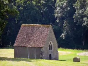 Saint-Céneri-le-Gérei - Chapelle du Petit Saint-Céneri de style gothique au milieu d'une prairie, botte de foin et arbres ; dans le Parc Naturel Régional Normandie-Maine