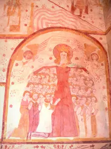 Saint-Céneri-le-Gérei - Inside Saint-Céneri Romanesque church: frescoes (murals): Virgin of the mantle