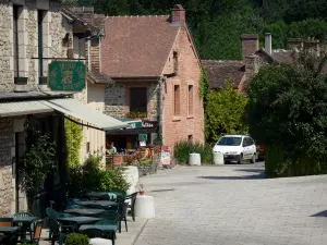 Saint-Céneri-le-Gérei - Terrasse de café, rue et maisons du village