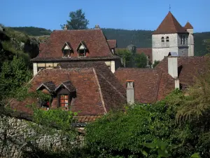 Saint-Cirq-Lapopie - Church bell tower and roofs of the village, in the Lot valley, in the Quercy