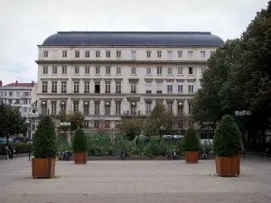 Saint-Étienne - Heesters in potten in plaats van het Hotel de Ville, bomen en gebouwen in de stad