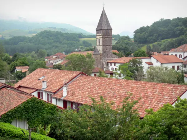 Saint-Étienne-de-Baïgorry - Campanario de la iglesia de Saint-Etienne y los tejados de la aldea en una zona verde