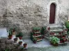 Saint-Guilhem-le-Désert - Façade d'une maison en pierre, petits escaliers ornés de pots de plantes