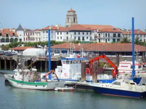 Saint-Jean-de-Luz - Schiffe des Fischereihafens, Fassaden der Stadt und Glockenturm der Stadtkirche Saint-Jean-Baptiste