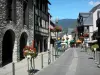 Saint-Lary-Soulan - Station thermale et de ski : rue du village bordée de maisons et de lampadaires fleuris (fleurs) ; dans la vallée d'Aure