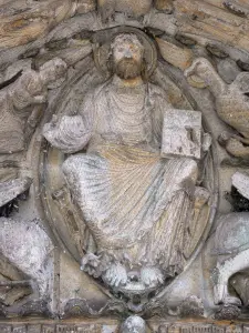 Saint-Loup-de-Naud church - Portal of the Romanesque Saint-Loup church: carved tympanum depicting Christ in Majesty