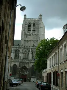 Saint-Omer - Strada fiancheggiata da case e torre di Notre Dame