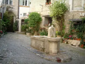 Saint-Paul-de-Vence - Small square decorated with flowers and its fountain