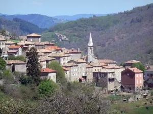 Saint-Pierreville - Regionale Natuurpark van de Monts d'Ardèche - Land kastanje: kerktoren en huizen in het dorp in een bosrijke omgeving