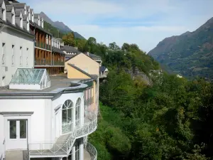 Saint-Sauveur-les-Bains - Spa town: thermal baths (Thermes) in the foreground overhanging the trees and the River Gave