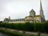 Saint-Savin abbey - Abbey church with its stony bell tower, monastic buildings, line of trees and the River Gartempe