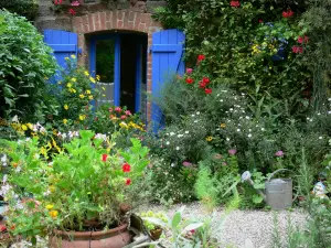 Saint-Suliac - Casa con persianas azules decorados con flores y plantas