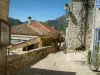 Sainte-Agnès - Paved street, houses and dog, mountains in background