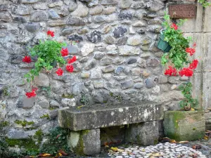 Sainte-Eulalie-d'Olt - Panca e muro di pietra decorato con vasi di gerani
