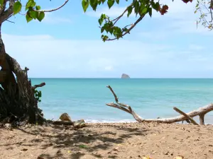 Sainte-Rose - Blick auf das Meer und das Inselchen Tête à l'Anglaise, von dem Strand der kleinen Bucht Îles aus