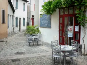 Salies-de-Béarn - Café terrace and street lined with houses