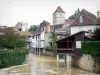 Salies-de-Béarn - River Saleys, fortified bell tower of the Saint-Vincent church and houses of the old town