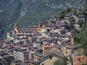 Saorge - Bell towers and houses of the hilltop medieval village overlooking the Roya valley