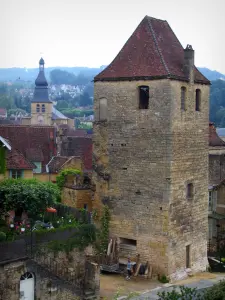 Sarlat-la-Canéda - Turm Bourreau mit Blick auf den Kirchturm der Kathedrale Saint-Sacerdos und die Dächer der Häuser der mittelalterlichen Altstadt, im Périgord