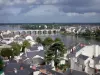 Saumur - Blick auf die Dächer der Häuser der Stadt, den Fluss Loire, die Brücke,
die Insel Offard und die Bäume am Wasserrand, Wolken im Himmel (Loiretal)