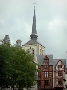 Saumur - Bell tower of the Saint-Pierre church, old timber-framed houses of the Saint-Pierre square and trees