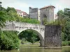 Sauveterre-de-Béarn - Versterkte poort en de boog van de brug over de rivier de legende van Oloron, bomen langs de watertoren Monreal en huizen van de middeleeuwse stad