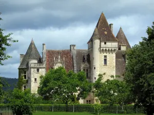 Schloß Milandes - Schloß, Bäume und gewittriger Himmel, im Tal der Dordogne, im Périgord