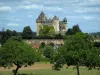 Schloß Montfort - Schloß, Häuser des Dorfes, Bäume und bewölkter Himmel, im Tal der Dordogne, im Périgord