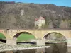 Schluchten der Loire - Brücke über die Loire und Schloss Lavoûte-Polignac in einer bewaldeten Umgebung