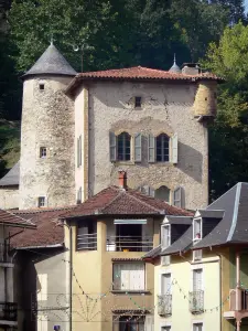 Seix - Château and houses of the village; in Le Couserans area, in the Ariège Pyrenees Regional Nature Park