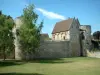 Senlis - Garten Roy, Bäume, gallo-romanische Einfriedung ausgestattet mit Türmen, Überreste des königlichen Schlosses und Wolken im blauen Himmel