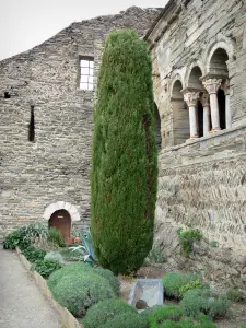 Serrabone priory - Sainte-Marie de Serrabona priory: south gallery of the cloister, cypress and lavender