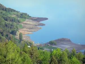 Serre-Ponçon lake - Trees in foreground with view of the lake (water reservoir) and its shores