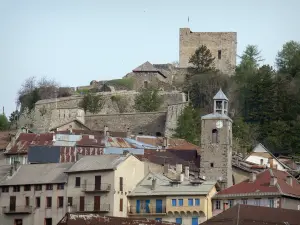 Seyne - Watchtower, citadel (Vauban fort), trees, bell tower of the Pénitents chapel and houses of the old town