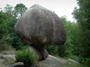 Sidobre - Peyro Clabado: rock (bloque) de granito mantenerse en equilibrio sobre un pedestal y los árboles (bosque), en el Parque Natural Regional del Alto Languedoc