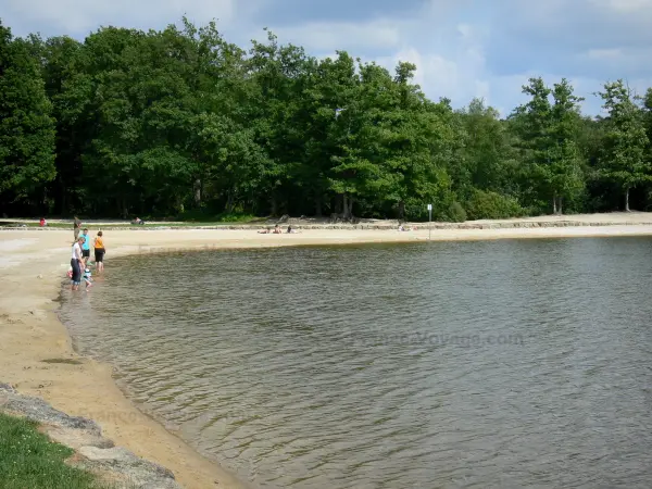 Sillé lake - Sillé Beach, in the town of Sillé-le-Guillaume, in the Normandie-Maine Regional Nature Park: lake, sandy beach and trees of the Sillé forest