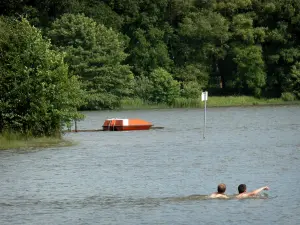 Sillé lake - Sillé Beach, in the town of Sillé-le-Guillaume, in the Normandie-Maine Regional Nature Park: lake with swimmers, and trees at the water's edge