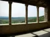 Simiane-la-Rotonde - Columns (colonnade) of the covered market hall with view of the surrounding hills