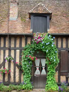 Sologne - Eingangstür eines Backsteinhauses mit Fachwerk verziert mit Blumen, und Dachfenster