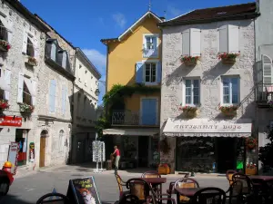 Souillac - Café terrace, shops and houses of the city