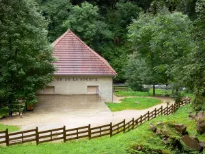 Source de la Loue - Site de la source : maison de la source, sentier, rivière Loue et arbres