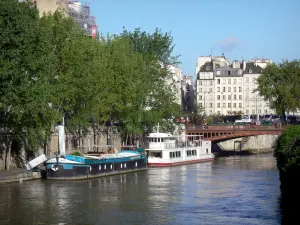 Städtische Landschaften - Sicht auf die Seine, die am Kai Montebello angemachten Hausboote, die Brücke Double und die Gebäudefassaden des Viertels Latin