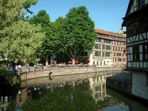 Strasbourg - La Petite France (ancien quartier des tanneurs, meuniers et pêcheurs) : rivière (l'Ill), berge fleurie avec arbres et terrasse de café, maisons à colombages