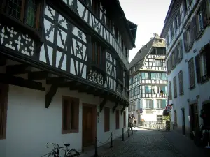 Strasbourg - La Petite France (oud-leerlooiers, molenaars en vissers): laan geplaveid met oude vakwerkhuizen