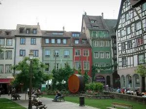 Strasbourg - Quartier des Tonneliers : place (jardin) avec bancs, arbres et fleurs, maisons aux façades colorées et demeure à colombages